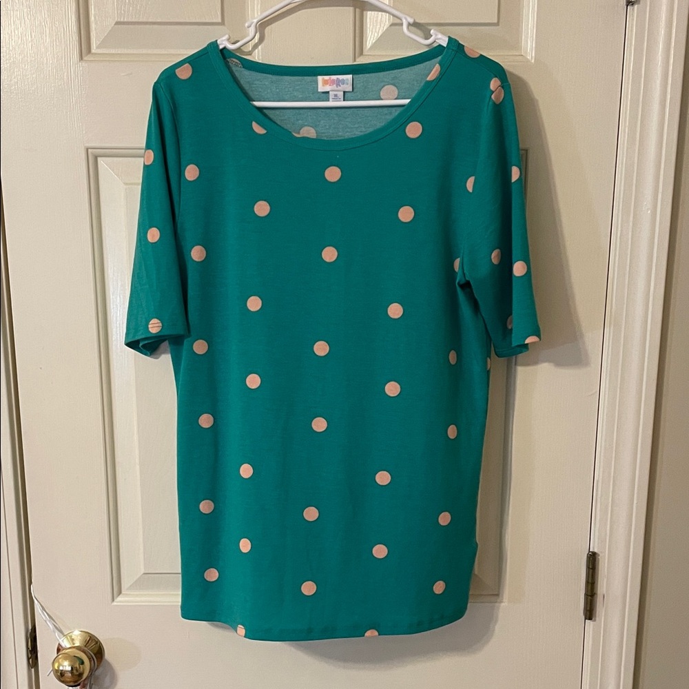 LuLaRoe Green Short Sleeve Top with Pink Polka Dots